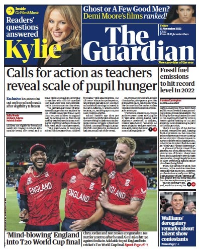 The Guardian Newspaper Front Page (UK) for 11 November 2022