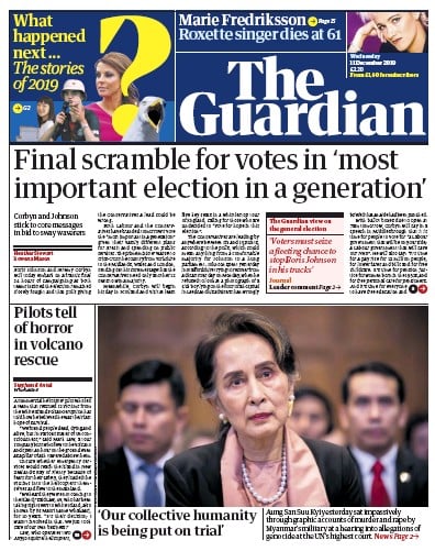The Guardian Newspaper Front Page (UK) for 11 December 2019