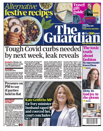 The Guardian Newspaper Front Page (UK) for 11 December 2021