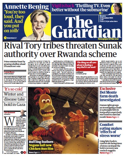 The Guardian Newspaper Front Page (UK) for 11 December 2023