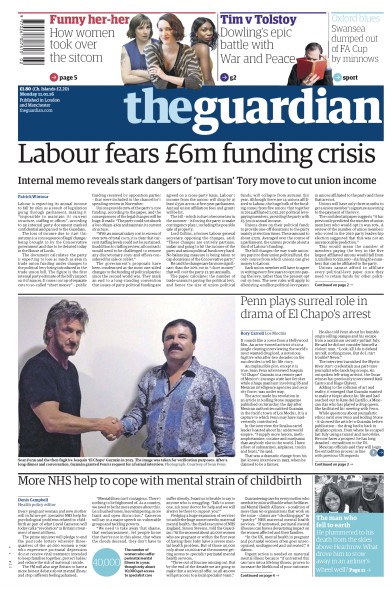 The Guardian Newspaper Front Page (UK) for 11 January 2016