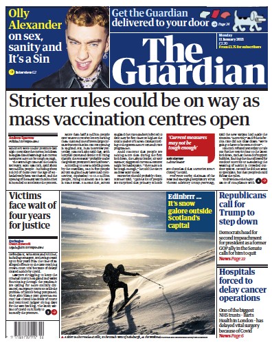 The Guardian Newspaper Front Page (UK) for 11 January 2021