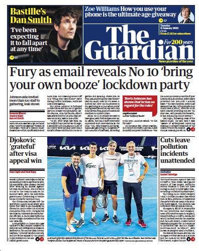 The Guardian Newspaper Front Page (UK) for 11 January 2022