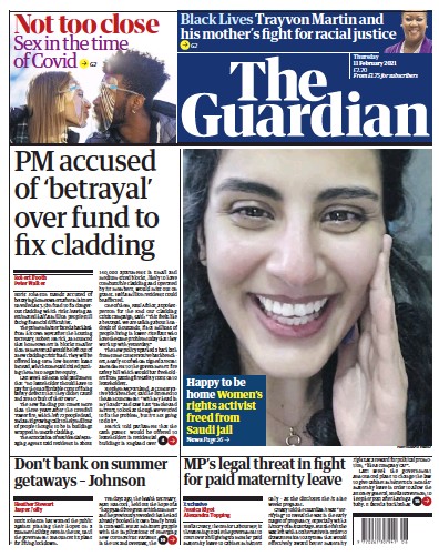 The Guardian Newspaper Front Page (UK) for 11 February 2021