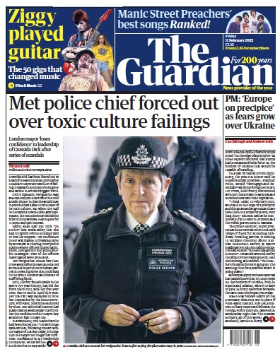 The Guardian Newspaper Front Page (UK) for 11 February 2022