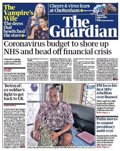 The Guardian Newspaper Front Page (UK) for 11 March 2020