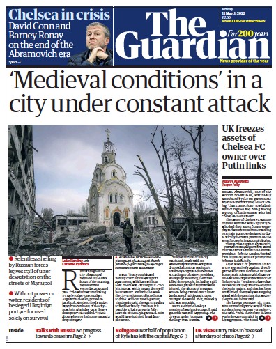 The Guardian Newspaper Front Page (UK) for 11 March 2022