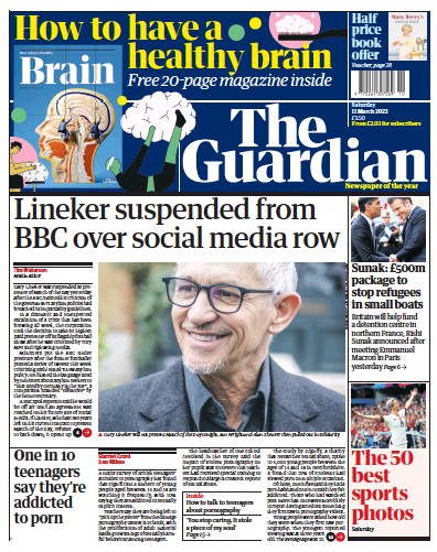 The Guardian Newspaper Front Page (UK) for 11 March 2023