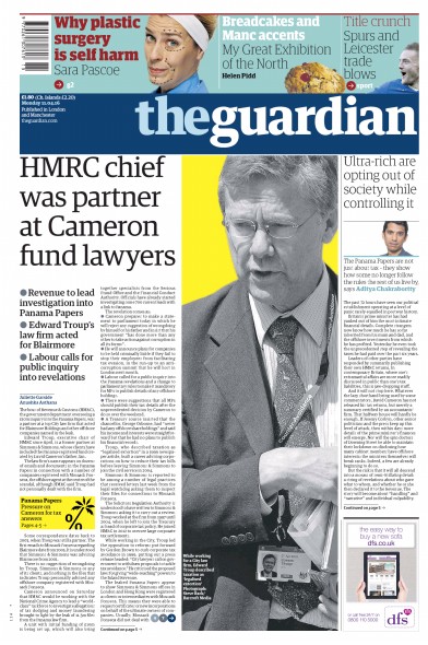 The Guardian Newspaper Front Page (UK) for 11 April 2016