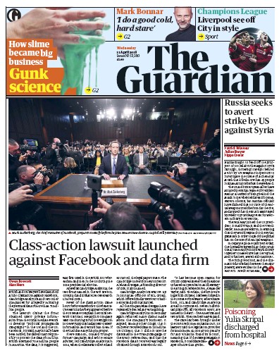 The Guardian Newspaper Front Page (UK) for 11 April 2018