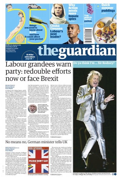 The Guardian Newspaper Front Page (UK) for 11 June 2016