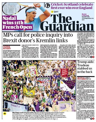 The Guardian Newspaper Front Page (UK) for 11 June 2018