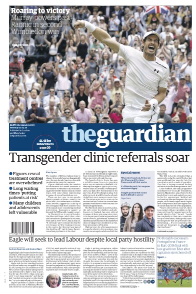 The Guardian Newspaper Front Page (UK) for 11 July 2016