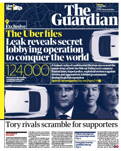 The Guardian Newspaper Front Page (UK) for 11 July 2022