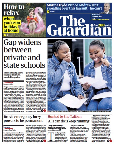 The Guardian Newspaper Front Page (UK) for 11 August 2021