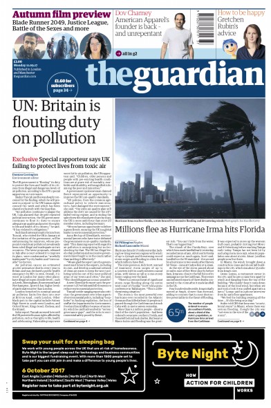 The Guardian Newspaper Front Page (UK) for 11 September 2017