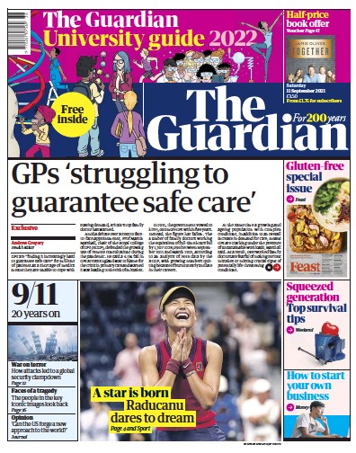The Guardian Newspaper Front Page (UK) for 11 September 2021