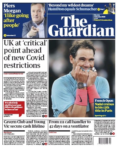 The Guardian Newspaper Front Page (UK) for 12 October 2020