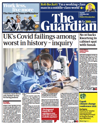 The Guardian Newspaper Front Page (UK) for 12 October 2021