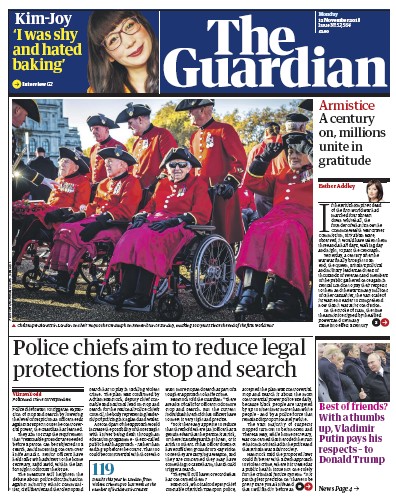 The Guardian Newspaper Front Page (UK) for 12 November 2018