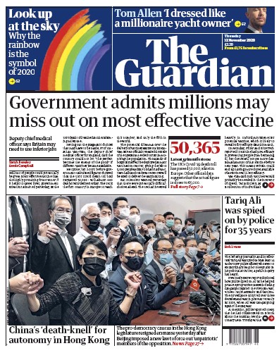 The Guardian Newspaper Front Page (UK) for 12 November 2020