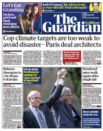 The Guardian Newspaper Front Page (UK) for 12 November 2021