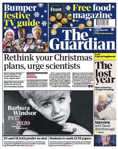 The Guardian Newspaper Front Page (UK) for 12 December 2020