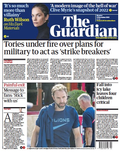 The Guardian Newspaper Front Page (UK) for 12 December 2022