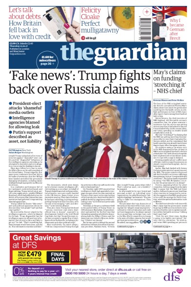 The Guardian Newspaper Front Page (UK) for 12 January 2017