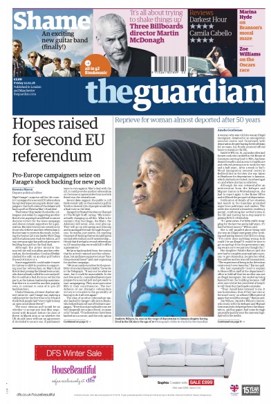 The Guardian Newspaper Front Page (UK) for 12 January 2018