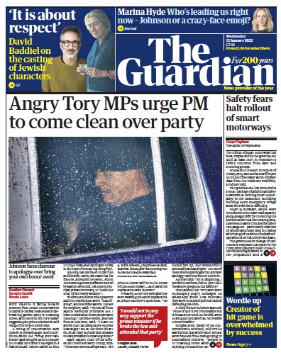 The Guardian Newspaper Front Page (UK) for 12 January 2022