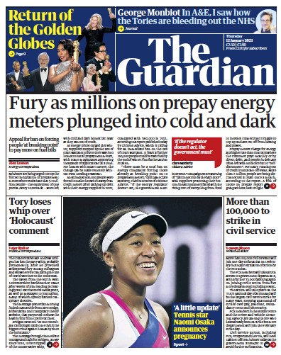 The Guardian Newspaper Front Page (UK) for 12 January 2023