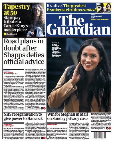 The Guardian Newspaper Front Page (UK) for 12 February 2021