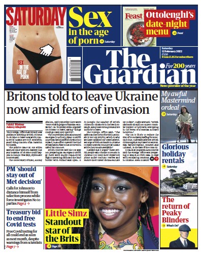 The Guardian Newspaper Front Page (UK) for 12 February 2022