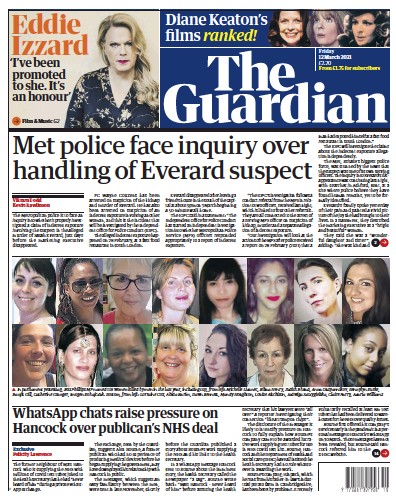 The Guardian Newspaper Front Page (UK) for 12 March 2021