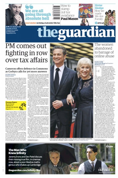 The Guardian Newspaper Front Page (UK) for 12 April 2016