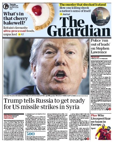 The Guardian Newspaper Front Page (UK) for 12 April 2018