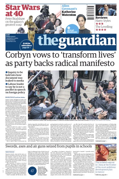 The Guardian Newspaper Front Page (UK) for 12 May 2017