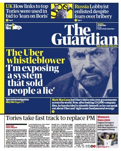The Guardian Newspaper Front Page (UK) for 12 July 2022