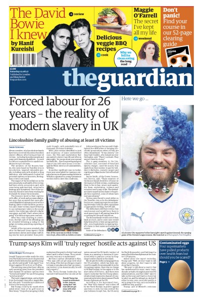The Guardian Newspaper Front Page (UK) for 12 August 2017