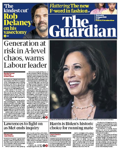 The Guardian Newspaper Front Page (UK) for 12 August 2020