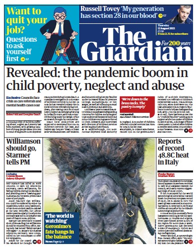 The Guardian Newspaper Front Page (UK) for 12 August 2021