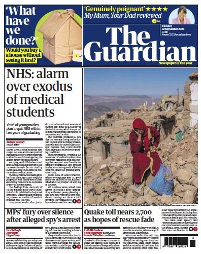 The Guardian Newspaper Front Page (UK) for 12 September 2023