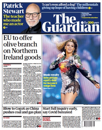 The Guardian Newspaper Front Page (UK) for 13 October 2021
