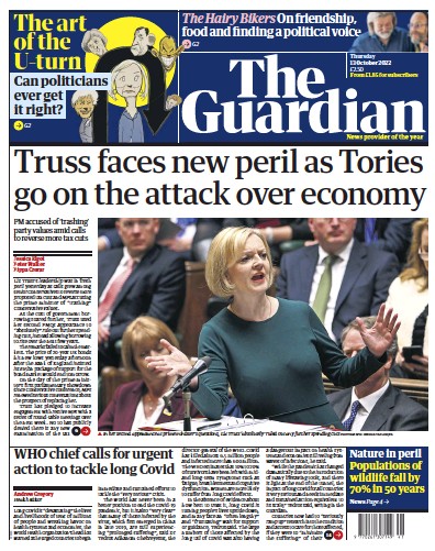 The Guardian Newspaper Front Page (UK) for 13 October 2022