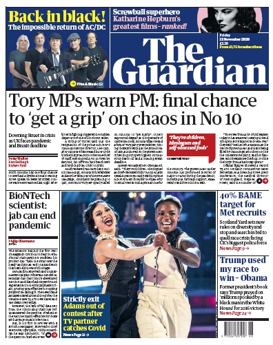 The Guardian Newspaper Front Page (UK) for 13 November 2020