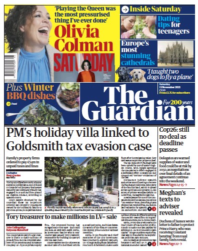 The Guardian Newspaper Front Page (UK) for 13 November 2021