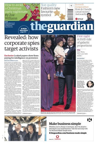 The Guardian Newspaper Front Page (UK) for 13 December 2017