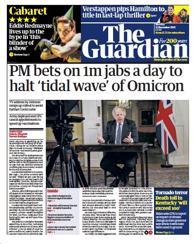 The Guardian Newspaper Front Page (UK) for 13 December 2021