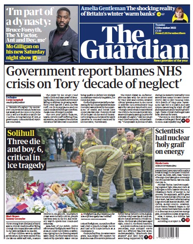 The Guardian Newspaper Front Page (UK) for 13 December 2022